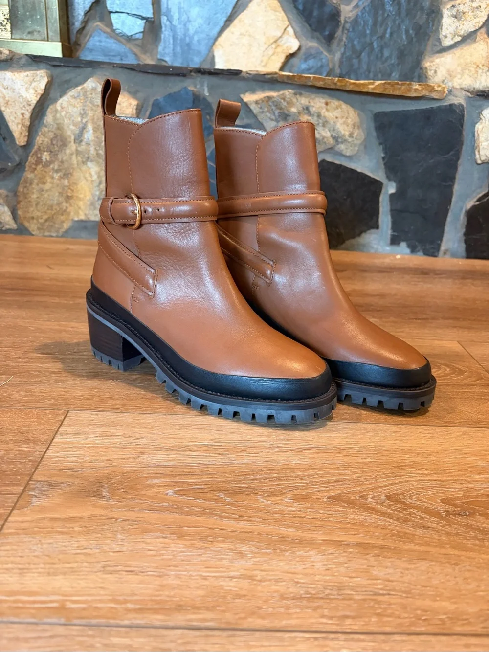 Ulla Johnson Cognac Leather Lug Sole Buckle Ankle Boots EU 35 | Like New